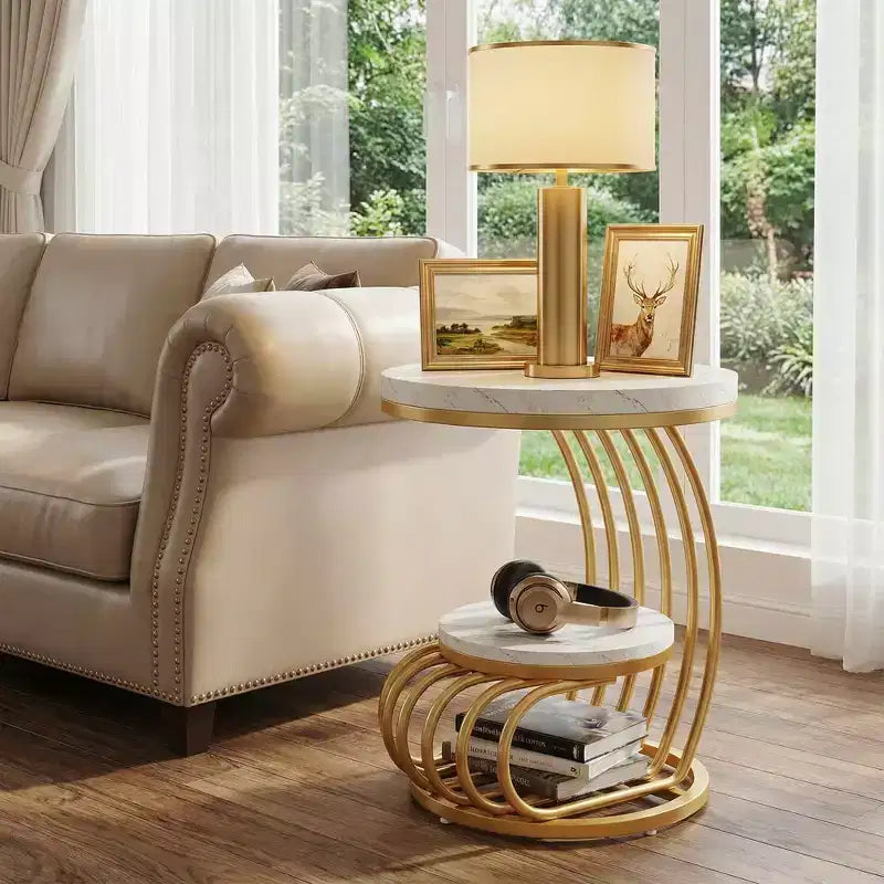 2-Tier Round End Table, Faux Marble Side Table with Storage Shelf