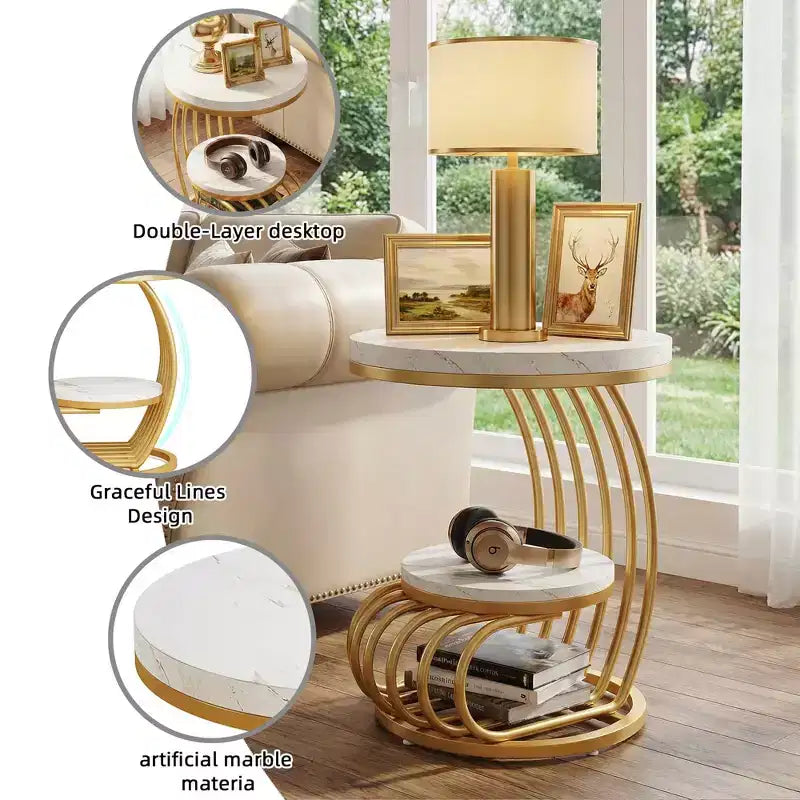 2-Tier Round End Table, Faux Marble Side Table with Storage Shelf