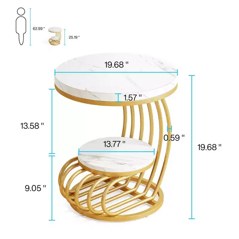 2-Tier Round End Table, Faux Marble Side Table with Storage Shelf