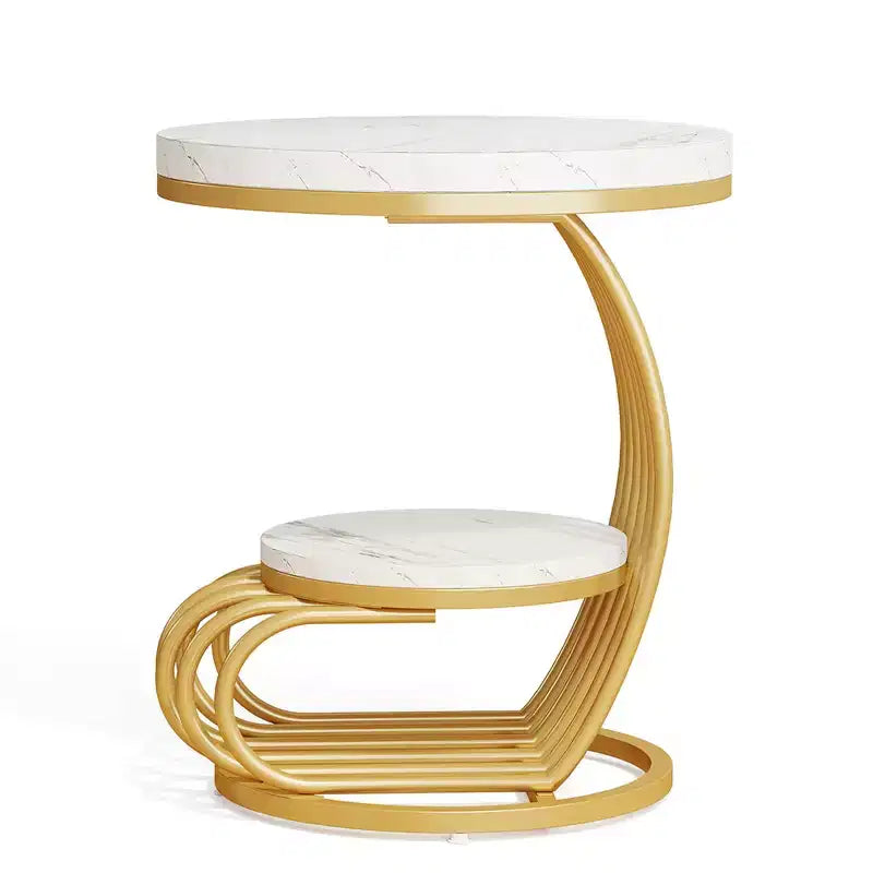 2-Tier Round End Table, Faux Marble Side Table with Storage Shelf
