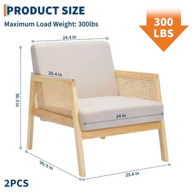 Mid Century Modern Accent Chair with Rattan Armrests, 300LBS Capacity Upholstered Lounge Chair for Living Room Bedroom Reading Nook