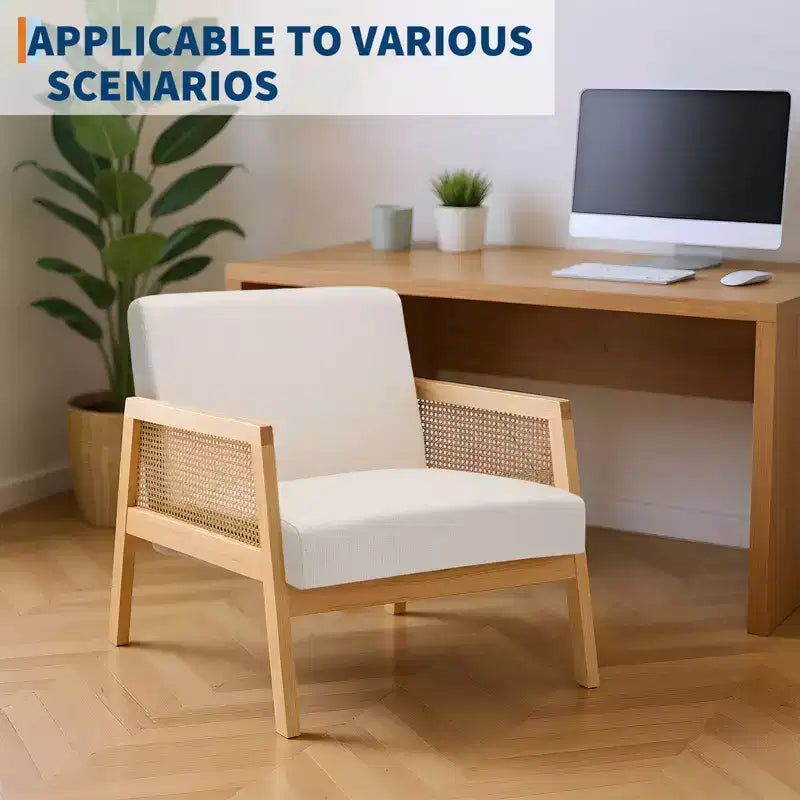 Mid Century Modern Accent Chair with Rattan Armrests, 300LBS Capacity Upholstered Lounge Chair for Living Room Bedroom Reading Nook