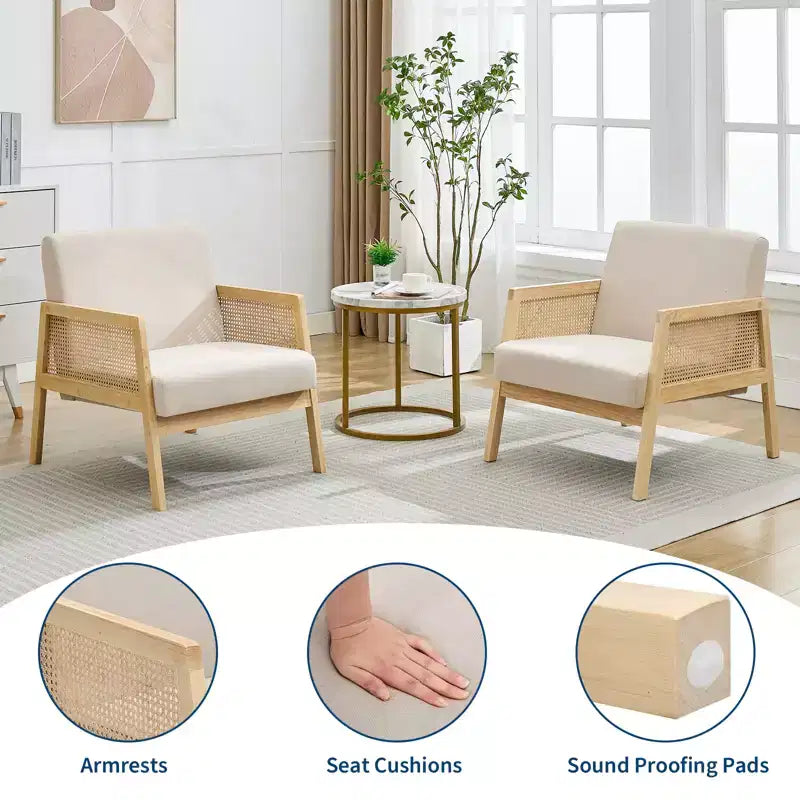 Mid Century Modern Accent Chair with Rattan Armrests, 300LBS Capacity Upholstered Lounge Chair for Living Room Bedroom Reading Nook