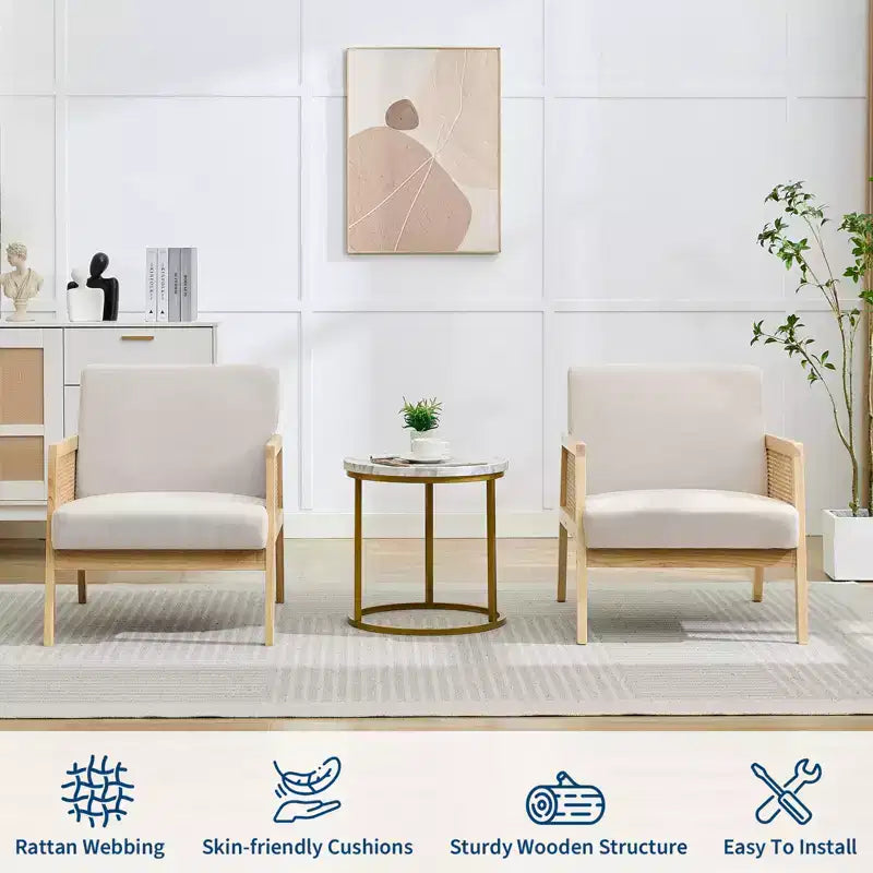 Mid Century Modern Accent Chair with Rattan Armrests, 300LBS Capacity Upholstered Lounge Chair for Living Room Bedroom Reading Nook