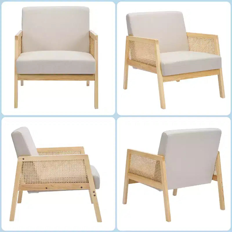 Mid Century Modern Accent Chair with Rattan Armrests, 300LBS Capacity Upholstered Lounge Chair for Living Room Bedroom Reading Nook