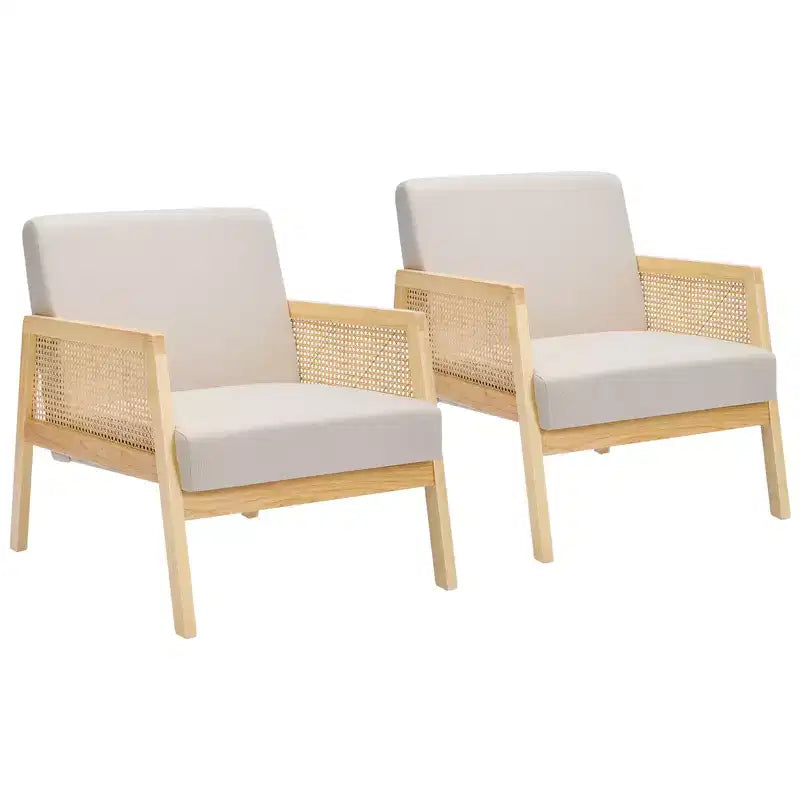 Mid Century Modern Accent Chair with Rattan Armrests, 300LBS Capacity Upholstered Lounge Chair for Living Room Bedroom Reading Nook