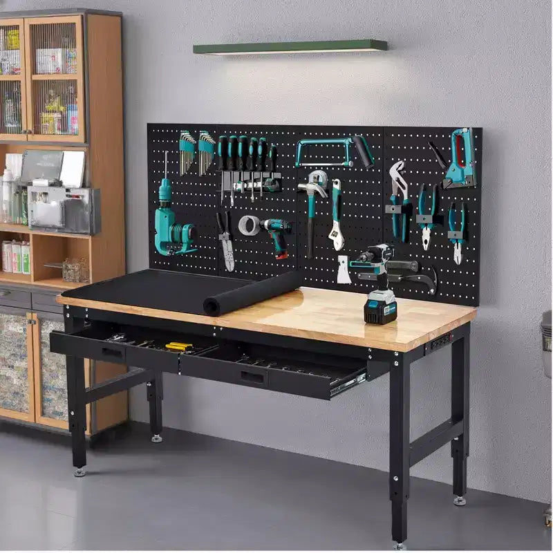 60 Inch Garage Workbench with Pegboard, Drawers & Power Outlets