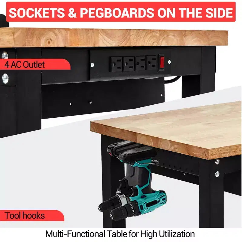 60 Inch Garage Workbench with Pegboard, Drawers & Power Outlets