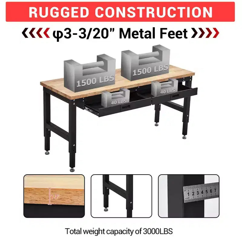 60 Inch Garage Workbench with Pegboard, Drawers & Power Outlets