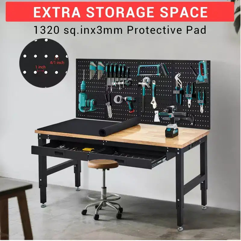 60 Inch Garage Workbench with Pegboard, Drawers & Power Outlets