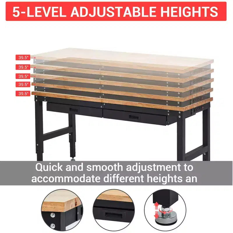 60 Inch Garage Workbench with Pegboard, Drawers & Power Outlets