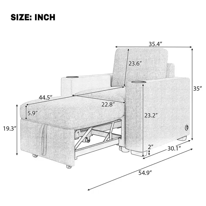 35.4" Modern Pull-Out Sofa Bed Single Sofa Chair for Living Room, Gray