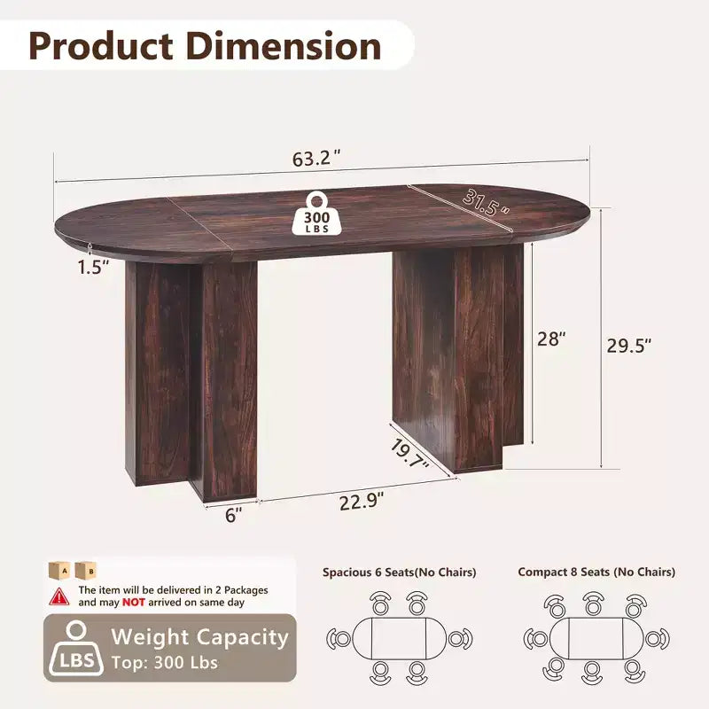 63 Oval Dining Table for 6-8, Modern T-Base, Scratch-Resistant Wood Grain Surface for Dining Room, Kitchen & Living Room