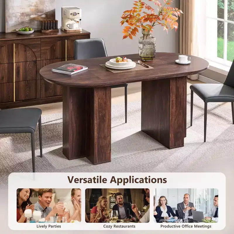 63 Oval Dining Table for 6-8, Modern T-Base, Scratch-Resistant Wood Grain Surface for Dining Room, Kitchen & Living Room