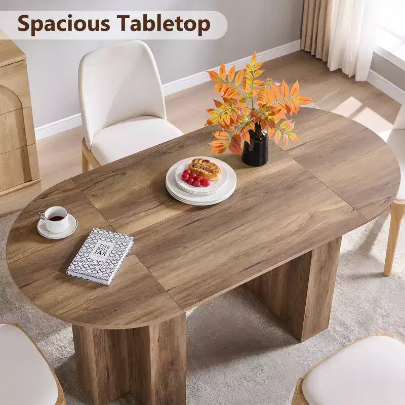 63 Oval Dining Table for 6-8, Modern T-Base, Scratch-Resistant Wood Grain Surface for Dining Room, Kitchen & Living Room