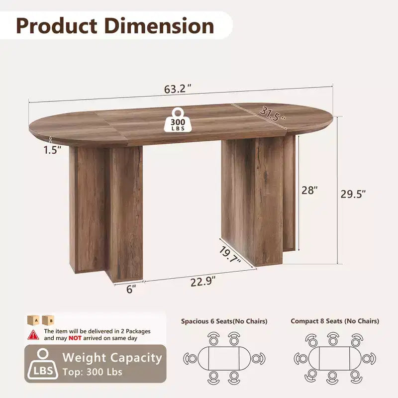 63 Oval Dining Table for 6-8, Modern T-Base, Scratch-Resistant Wood Grain Surface for Dining Room, Kitchen & Living Room