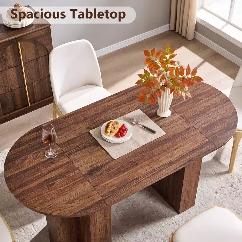 63 Oval Dining Table for 6-8, Modern T-Base, Scratch-Resistant Wood Grain Surface for Dining Room, Kitchen & Living Room