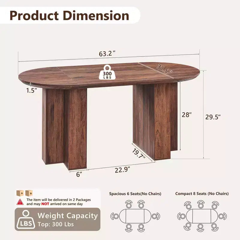 63 Oval Dining Table for 6-8, Modern T-Base, Scratch-Resistant Wood Grain Surface for Dining Room, Kitchen & Living Room
