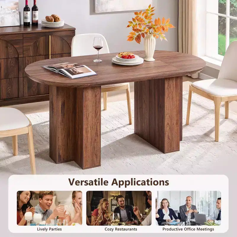 63 Oval Dining Table for 6-8, Modern T-Base, Scratch-Resistant Wood Grain Surface for Dining Room, Kitchen & Living Room