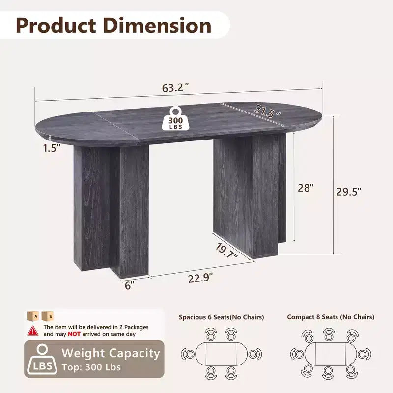 63 Oval Dining Table for 6-8, Modern T-Base, Scratch-Resistant Wood Grain Surface for Dining Room, Kitchen & Living Room