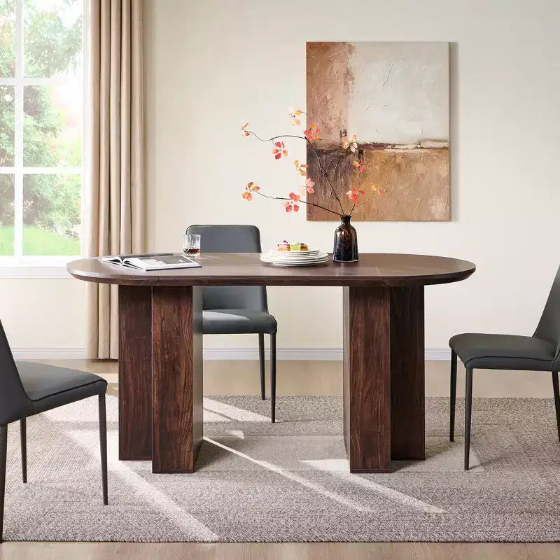 63 Oval Dining Table for 6-8, Modern T-Base, Scratch-Resistant Wood Grain Surface for Dining Room, Kitchen & Living Room