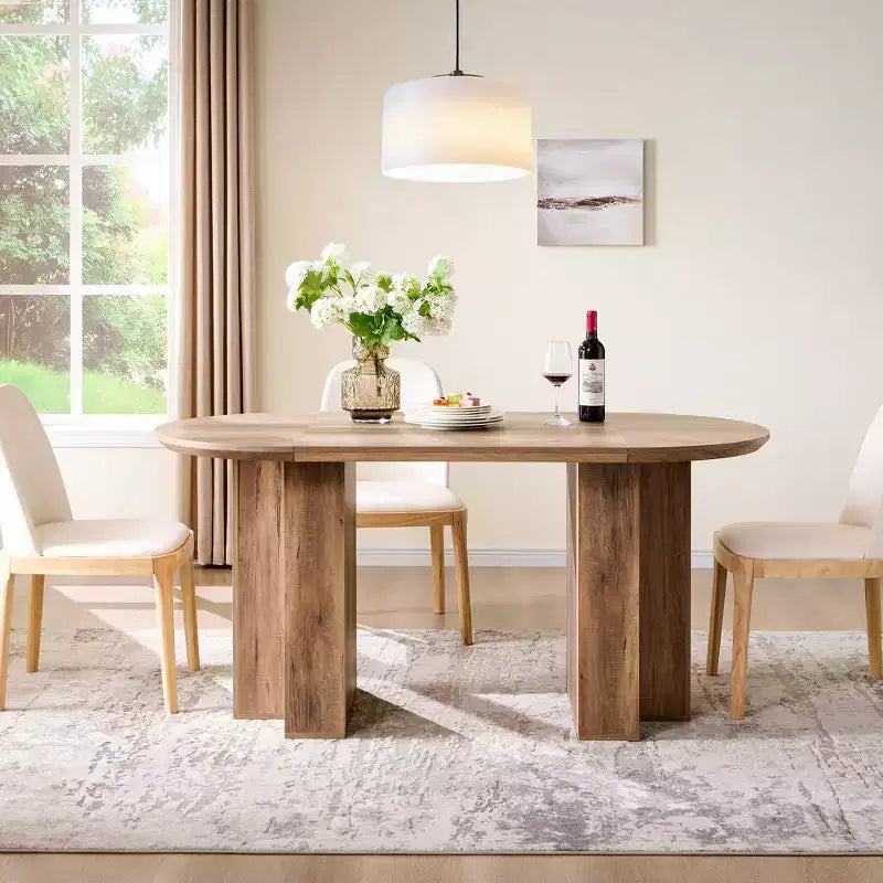 63 Oval Dining Table for 6-8, Modern T-Base, Scratch-Resistant Wood Grain Surface for Dining Room, Kitchen & Living Room