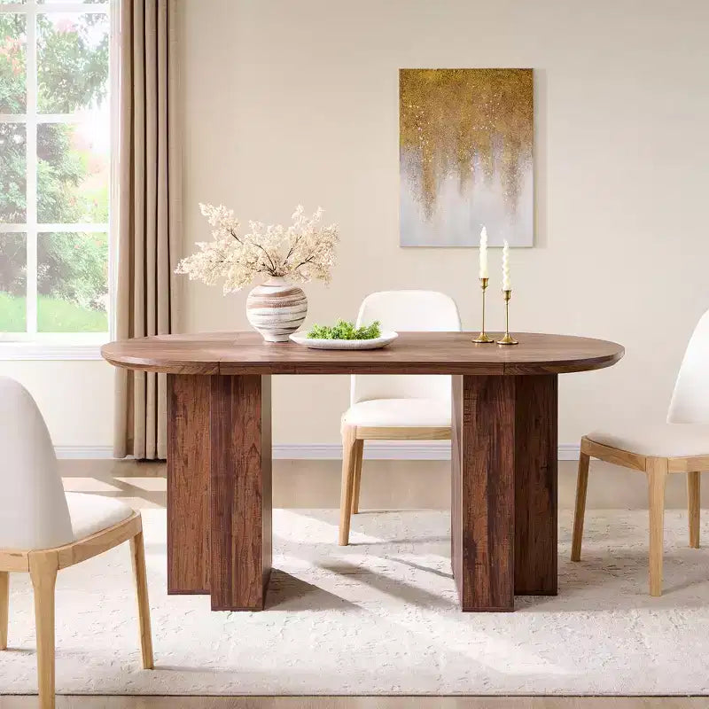 63 Oval Dining Table for 6-8, Modern T-Base, Scratch-Resistant Wood Grain Surface for Dining Room, Kitchen & Living Room
