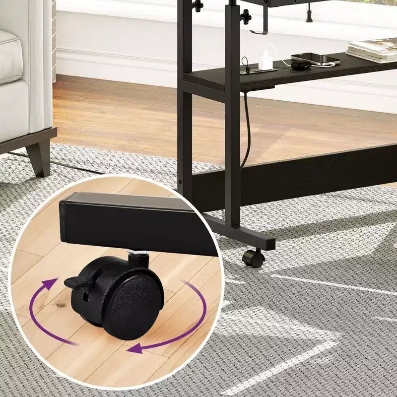 Height Adjustable Rolling Desk with Charging Station and Storage Shelf