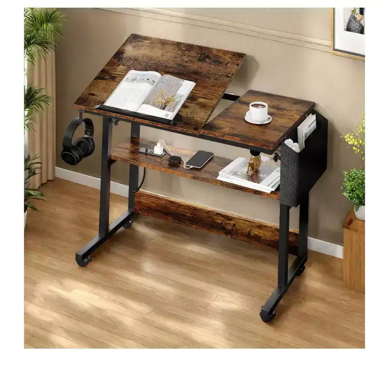 Height Adjustable Rolling Desk with Charging Station and Storage Shelf