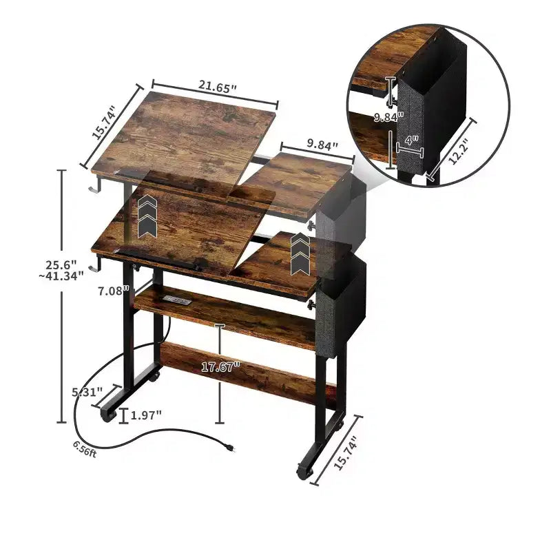 Height Adjustable Rolling Desk with Charging Station and Storage Shelf