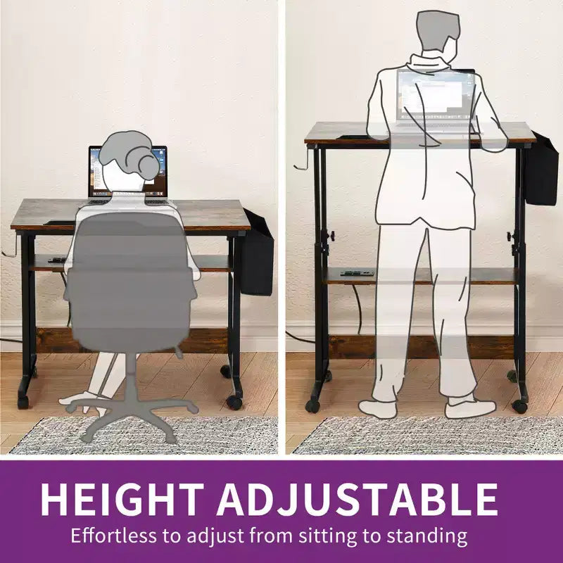 Height Adjustable Rolling Desk with Charging Station and Storage Shelf