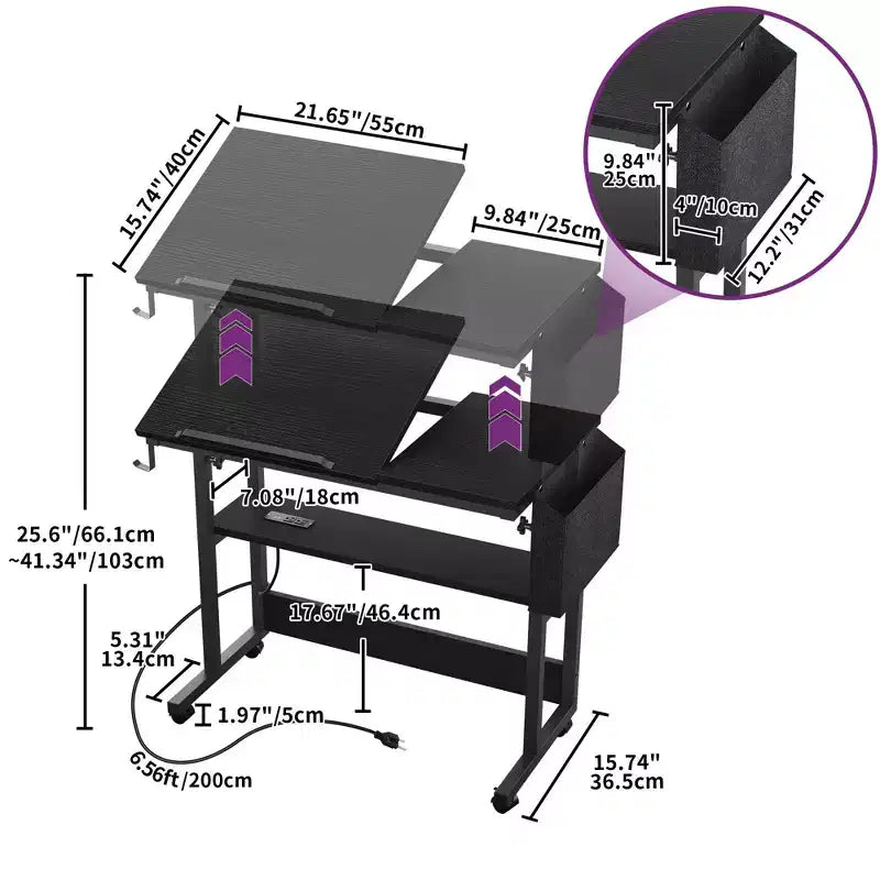 Height Adjustable Rolling Desk with Charging Station and Storage Shelf