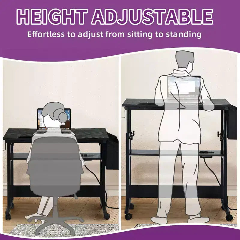 Height Adjustable Rolling Desk with Charging Station and Storage Shelf