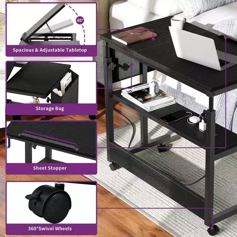 Height Adjustable Rolling Desk with Charging Station and Storage Shelf