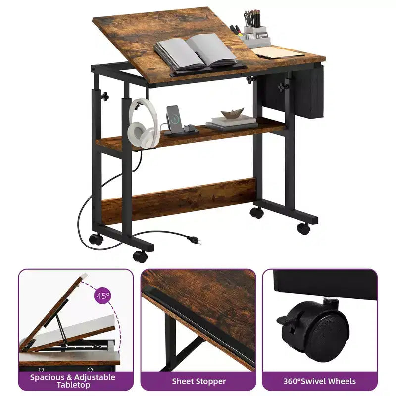 Height Adjustable Rolling Desk with Charging Station and Storage Shelf