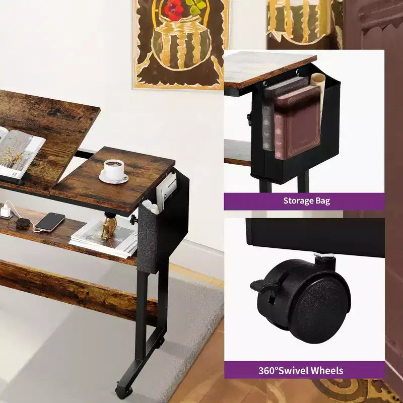 Height Adjustable Rolling Desk with Charging Station and Storage Shelf