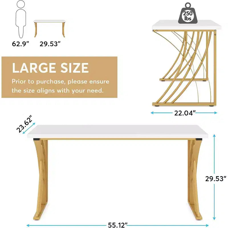 55-Inch Large Modern Computer Desk, White & Gold Luxury Laptop PC and Makeup Vanity Table with Thick Frame for Home and Office