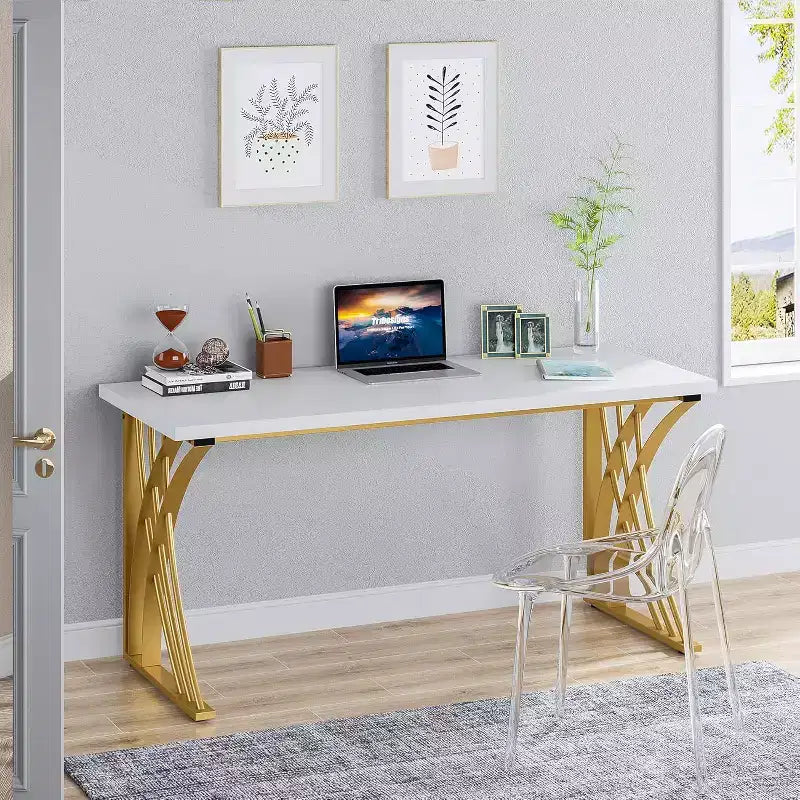 55-Inch Large Modern Computer Desk, White & Gold Luxury Laptop PC and Makeup Vanity Table with Thick Frame for Home and Office