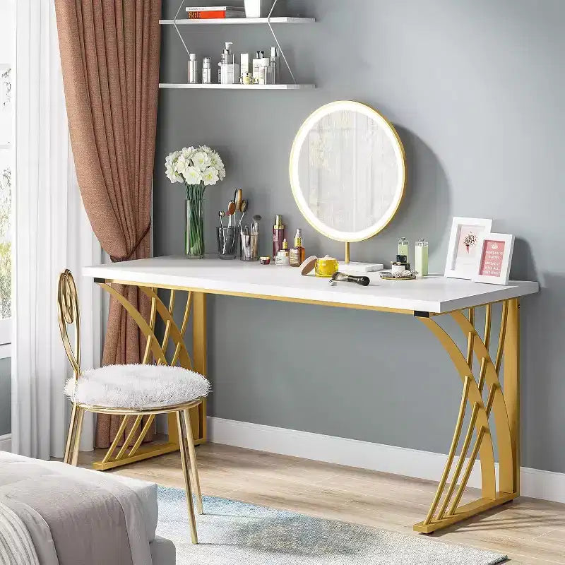55-Inch Large Modern Computer Desk, White & Gold Luxury Laptop PC and Makeup Vanity Table with Thick Frame for Home and Office