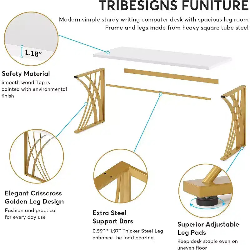 55-Inch Large Modern Computer Desk, White & Gold Luxury Laptop PC and Makeup Vanity Table with Thick Frame for Home and Office