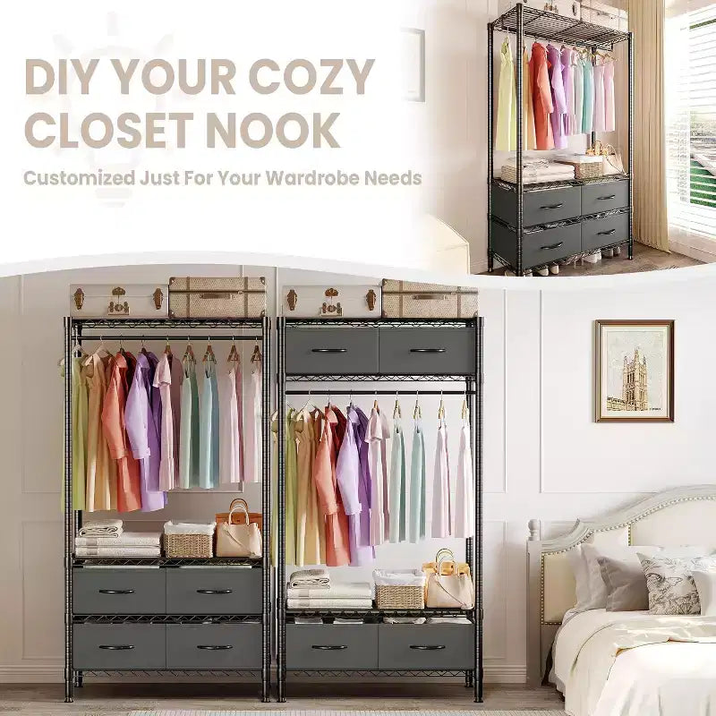 Freestanding Clothes Rack with 4 Fabric Drawers, Adjustable Shelves & Hanging Rod, 71.5"H