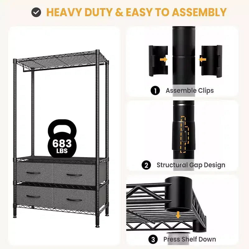 Freestanding Clothes Rack with 4 Fabric Drawers, Adjustable Shelves & Hanging Rod, 71.5"H