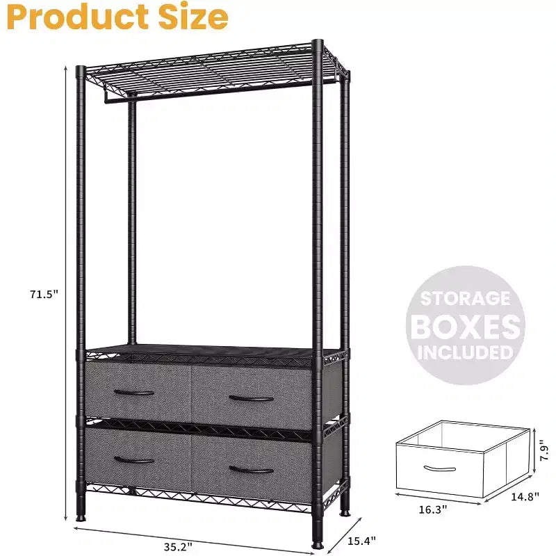 Freestanding Clothes Rack with 4 Fabric Drawers, Adjustable Shelves & Hanging Rod, 71.5"H