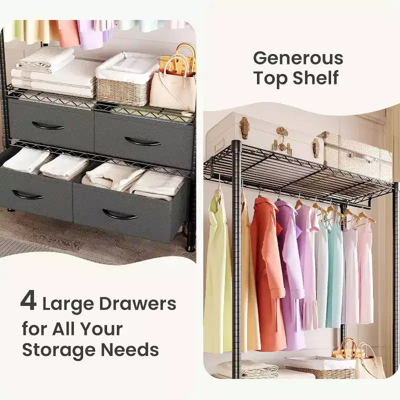Freestanding Clothes Rack with 4 Fabric Drawers, Adjustable Shelves & Hanging Rod, 71.5"H