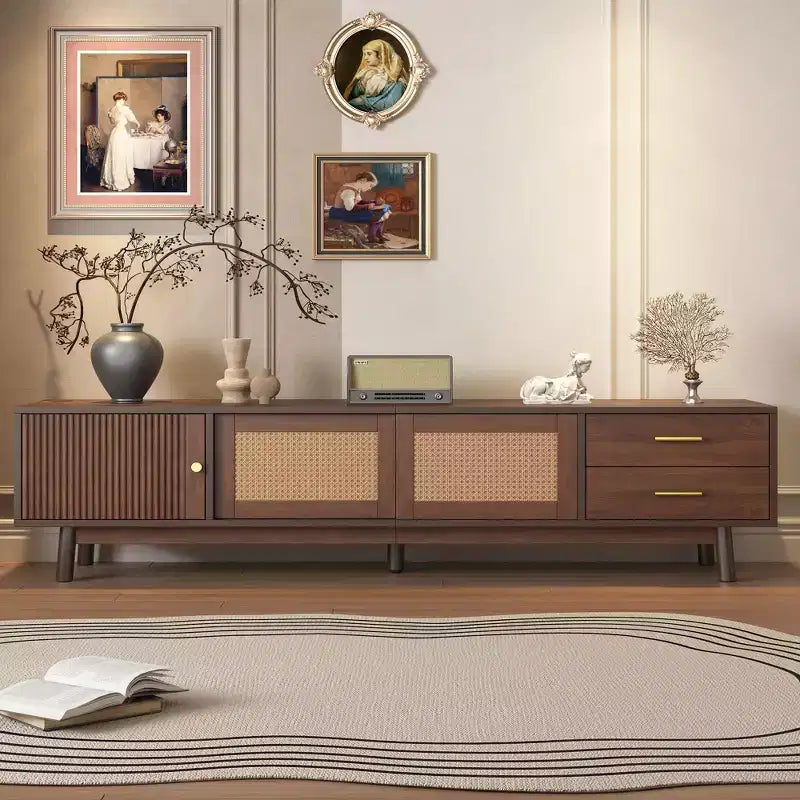 Mid Century Modern TV Stand for 80" TVs, Storage with Sliding Doors and Drawers
