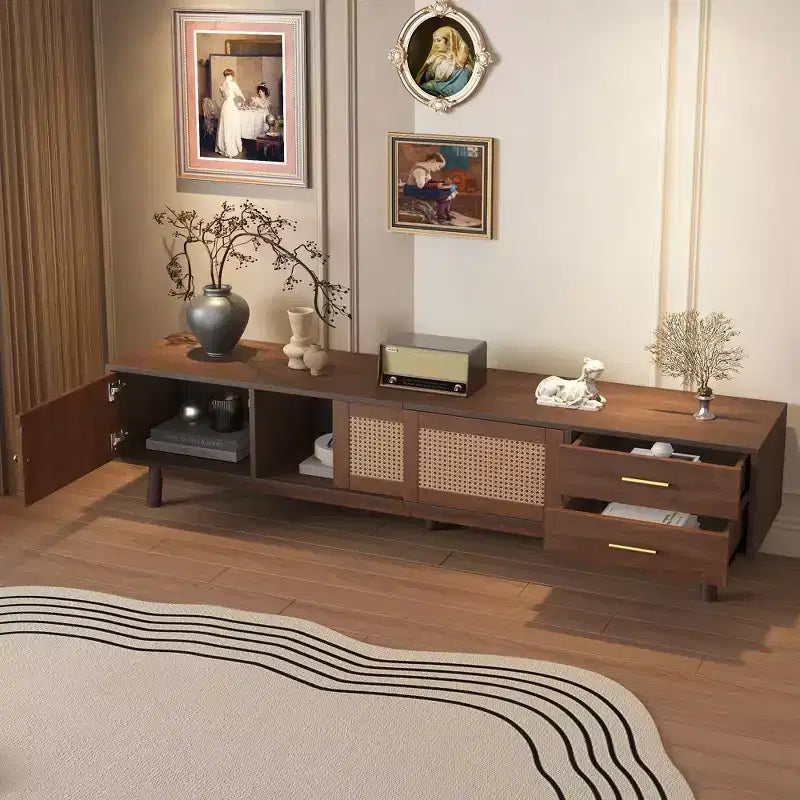 Mid Century Modern TV Stand for 80" TVs, Storage with Sliding Doors and Drawers
