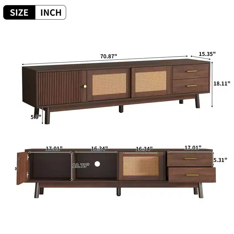 Mid Century Modern TV Stand for 80" TVs, Storage with Sliding Doors and Drawers