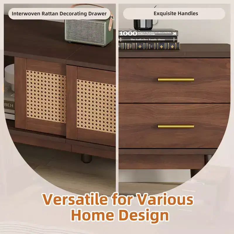 Mid Century Modern TV Stand for 80" TVs, Storage with Sliding Doors and Drawers