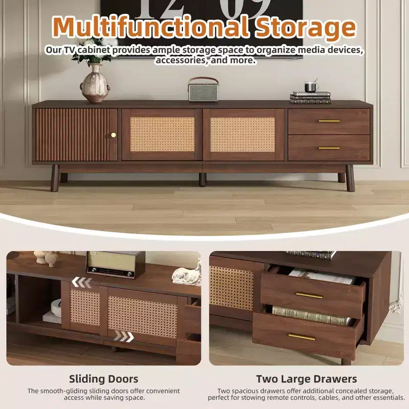 Mid Century Modern TV Stand for 80" TVs, Storage with Sliding Doors and Drawers