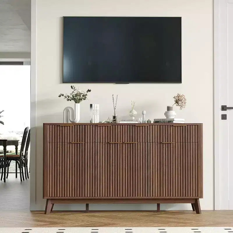 60" Farmhouse Sideboard Buffet Cabinet with Drawers, Adjustable Shelves & Fluted Wood Doors